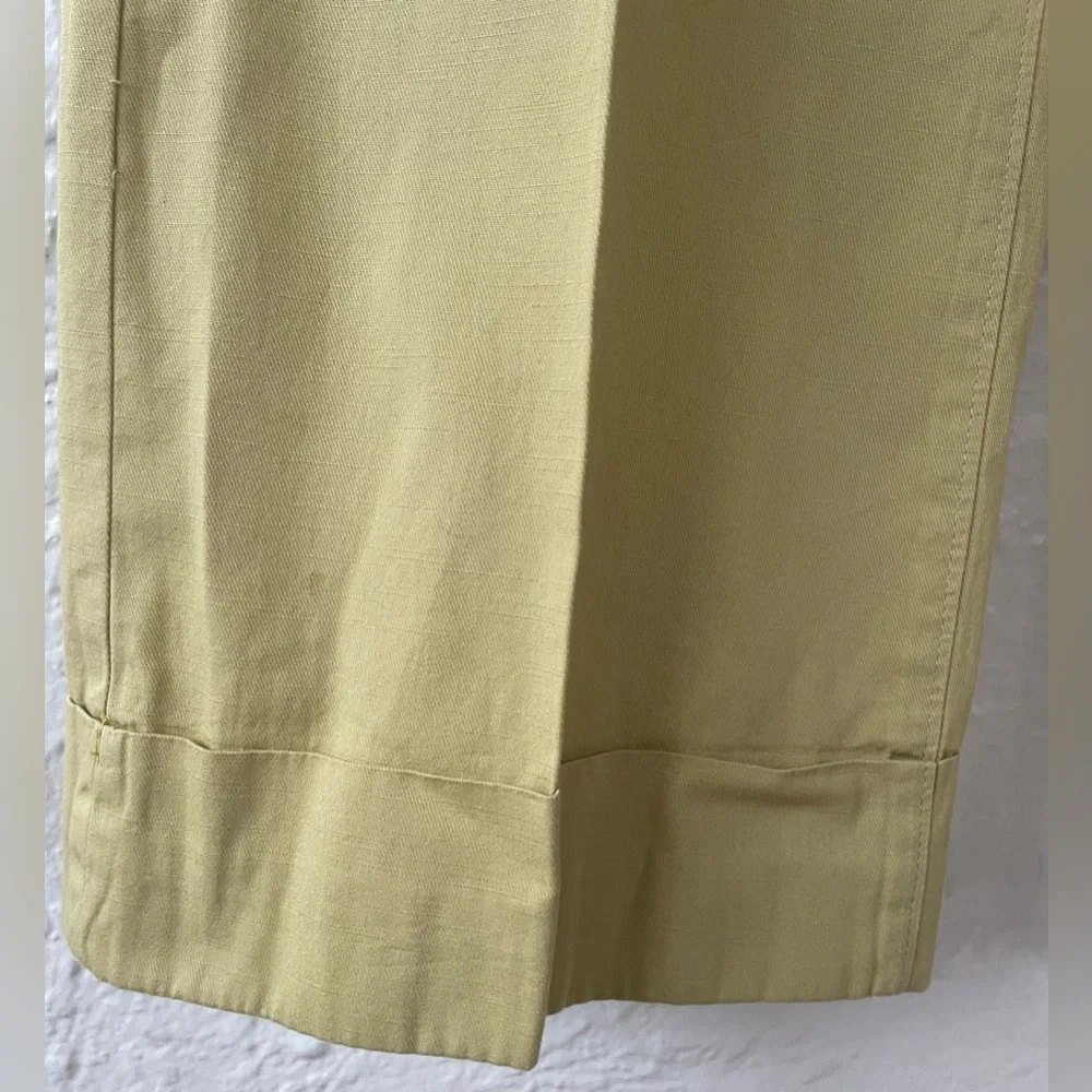 Anthropologie Elevenses mustard wide leg cropped hem work pants, side pockets; 4